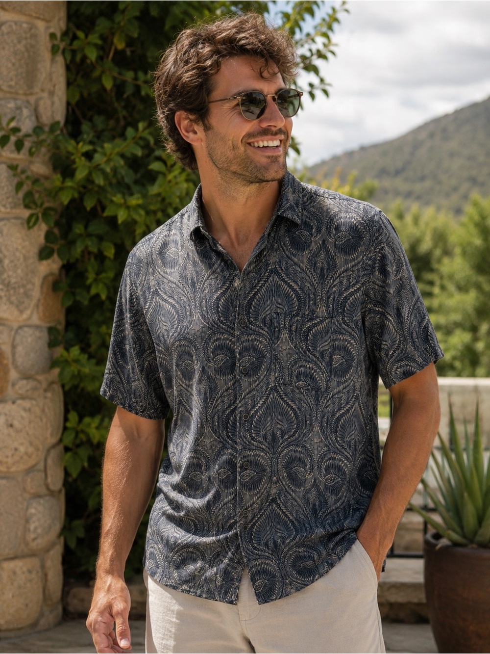 Tasso Elba Men's Black & Gray Paisley Short-Sleeve Button-Down Shirt
